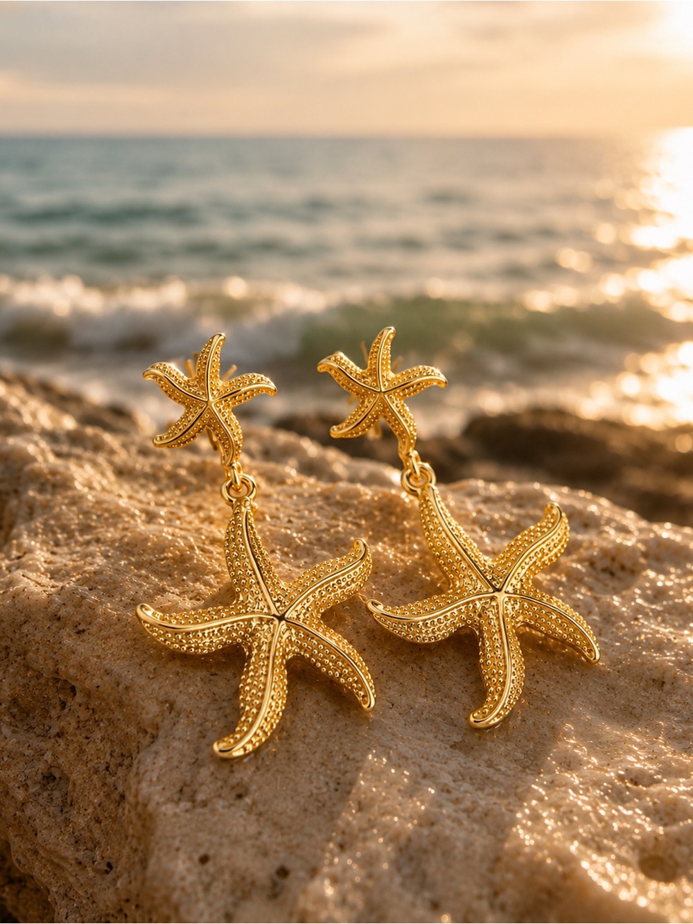 Golden Starfish Drop Earrings |Beach Jewelry | Vacation Glam Statement Earrings